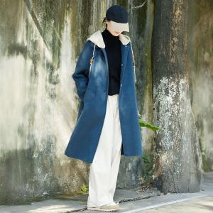 Peacock Blue Double Woolen Hooded Tweed Coat