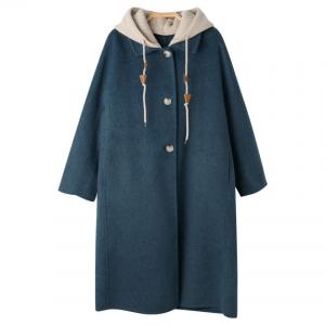 Peacock Blue Double Woolen Hooded Tweed Coat