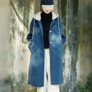 Peacock Blue Double Woolen Hooded Tweed Coat