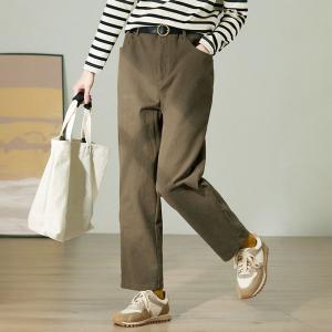 Cotton Casual Straight Leg High Rise Pants