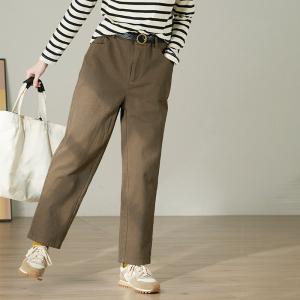 Cotton Casual Straight Leg High Rise Pants