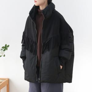 Front Zip Tassel Black Cotton Padded Coat