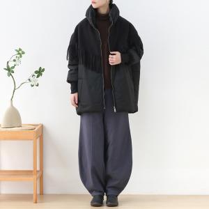 Front Zip Tassel Black Cotton Padded Coat