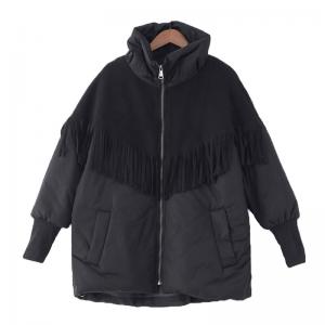 Front Zip Tassel Black Cotton Padded Coat