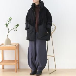 Front Zip Tassel Black Cotton Padded Coat