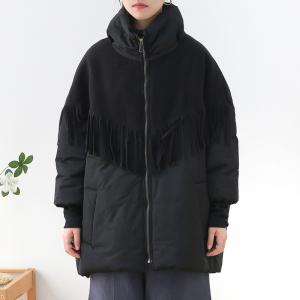 Front Zip Tassel Black Cotton Padded Coat