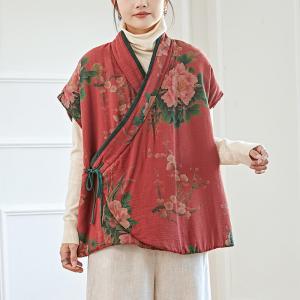 Cotton Quilted Red Printed Wrap Waistcoat