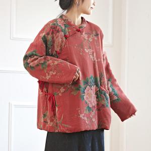 Mandarin Collar Peony Patterned Red Quilted Coat