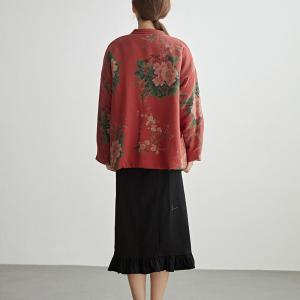 Mandarin Collar Peony Patterned Red Quilted Coat