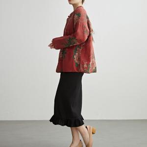 Mandarin Collar Peony Patterned Red Quilted Coat