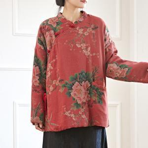 Mandarin Collar Peony Patterned Red Quilted Coat