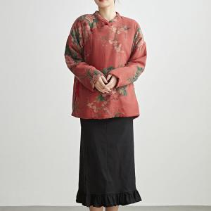 Mandarin Collar Peony Patterned Red Quilted Coat