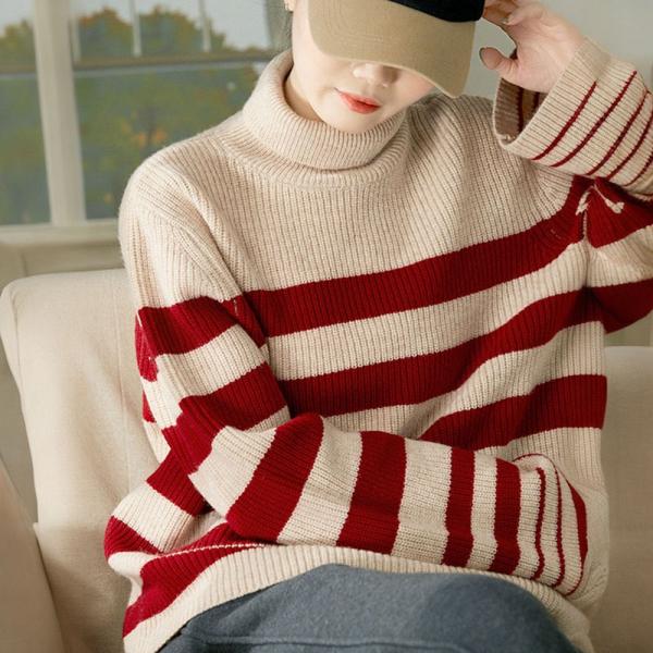 Red Striped Sheep Wool Oversized Turtleneck Sweater