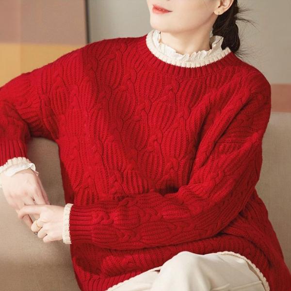 Crew Neck Woolen Cable Knit Sweater