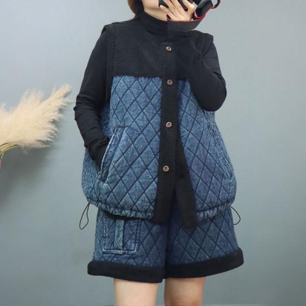 Quilted Denim and Lamb Wool Drawstring Waistcoat