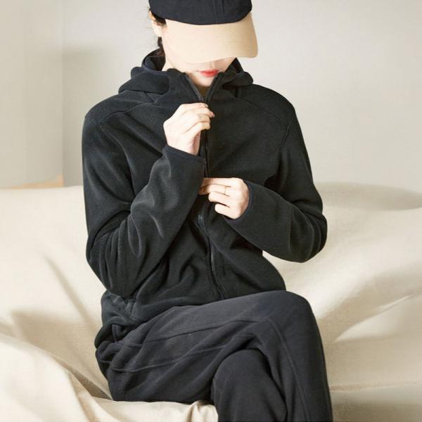 Front Zip Casual Polar Fleece Black Hoodie Jacket