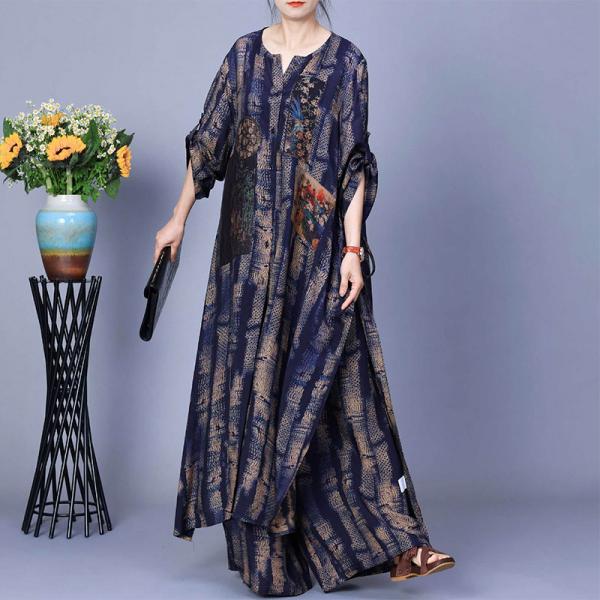 Thigh Slits Blue Silky Tied Dress with Large Palazzo Pants
