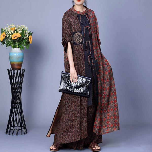 Ethnic Buttons Printed Slit Dress with Wide Leg Pants