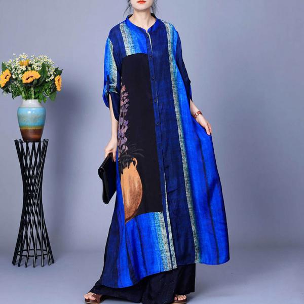 Side Slit Patchwork Blue Dress Cardigan with Slouchy Pants