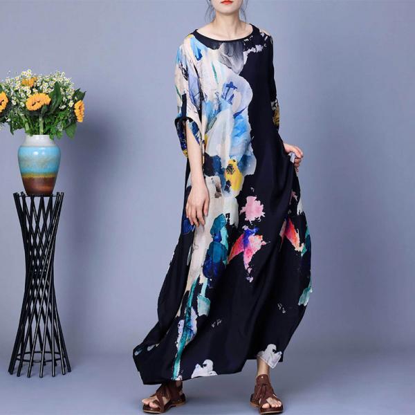 Crew Neck Silk Printed Black Maxi Dress