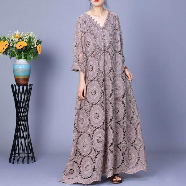 Beading V-Neck Hollow Out Maxi Boho Dress