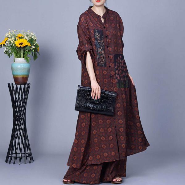 Patchwork Flowers Long Shirt Cardigan with Silk Wide Leg Pants