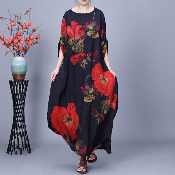 Red Huge Flowers Black Maxi Cocoon Dress