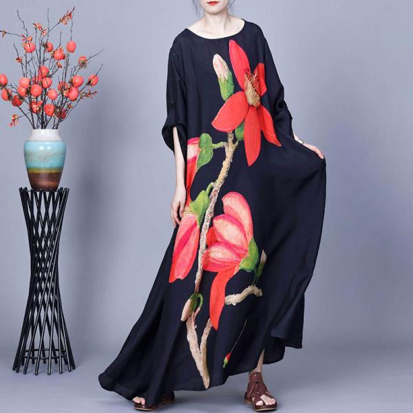 Kapok Flowers Black Spring Maxi Dress