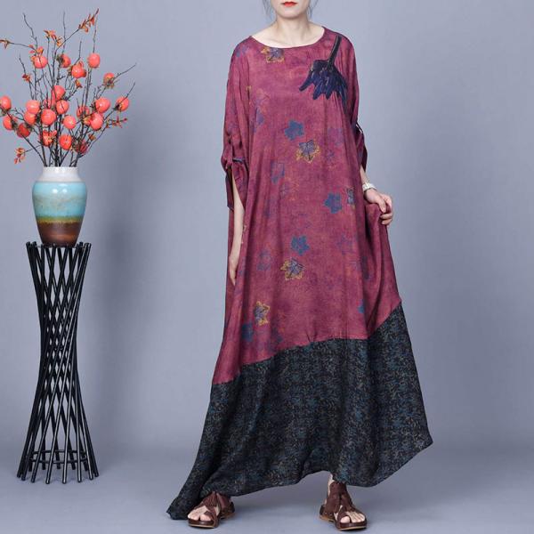 Loose Printed Patchwork Purplish Red Cocoon Dress