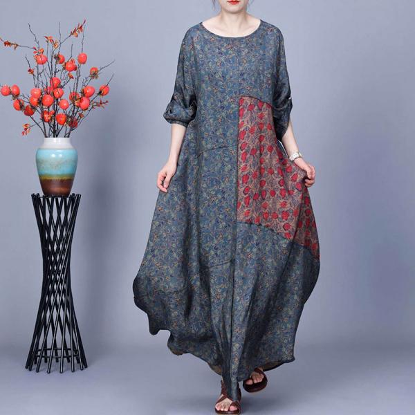 Red Flowers Patchwork Long Loose Modest Dress