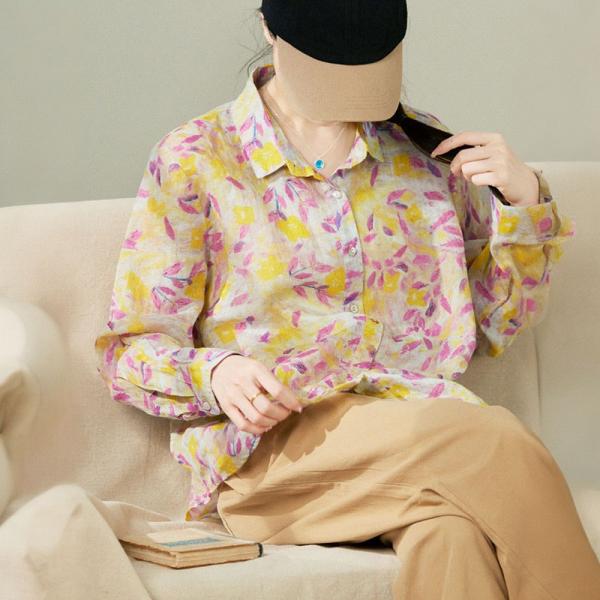 Pink and Yellow Printed Oversized Ramie Shirt