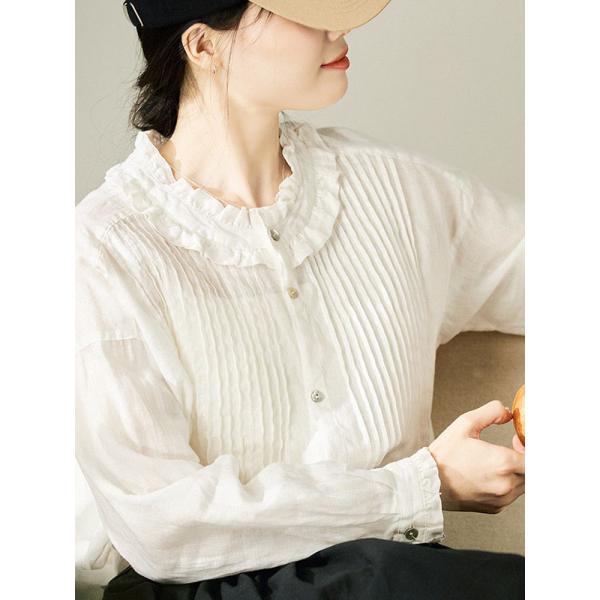 Ruffle Collar Pleated Linen White Peasant Blouse