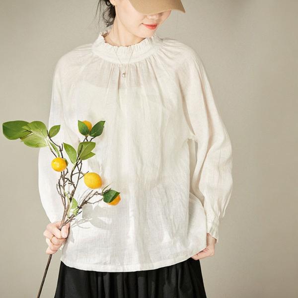 Stand Collar Long Sleeves White Linen Winery Blouse