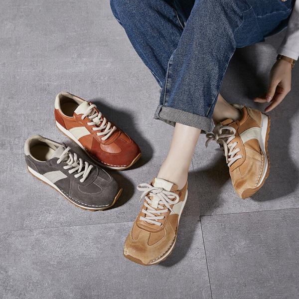 Color Blocks Cowhide Leather Tied Sports Trainers