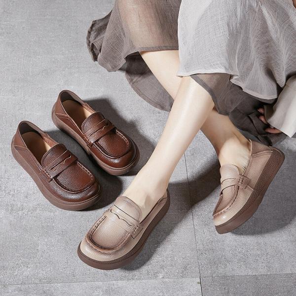 Round Toe Leather Wedge Loafers for Women