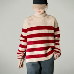 Red Striped Sheep Wool Oversized Turtleneck Sweater