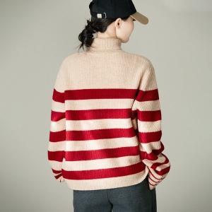 Red Striped Sheep Wool Oversized Turtleneck Sweater