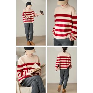 Red Striped Sheep Wool Oversized Turtleneck Sweater