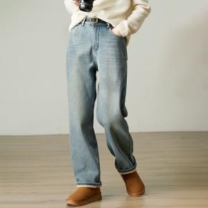 Thick Fleeced Straight Leg Light Wash Jeans