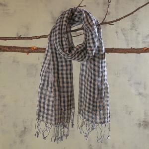 Navy Blue Fringed Linen Plaid Scarf