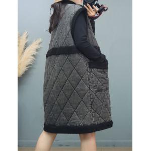 Lamb Wool Splicing Quilted Black Denim Vest