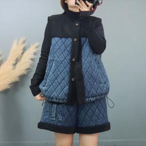 Quilted Denim and Lamb Wool Drawstring Waistcoat