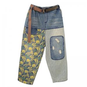 Yellow Flowers Contrast Color Baggy Jeans