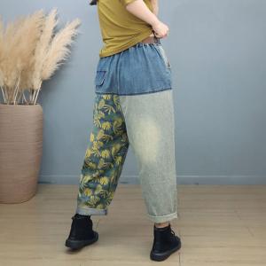 Yellow Flowers Contrast Color Baggy Jeans