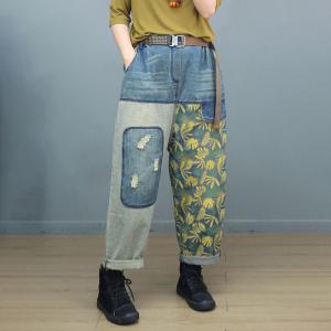 Yellow Flowers Contrast Color Baggy Jeans