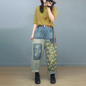 Yellow Flowers Contrast Color Baggy Jeans