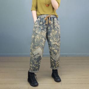 Drawstring Waist Patchwork Floral Jeans