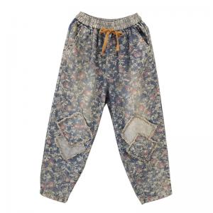 Drawstring Waist Patchwork Floral Jeans