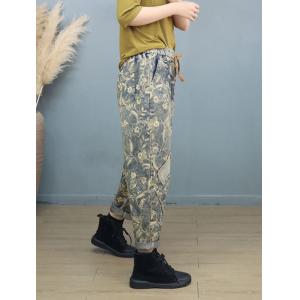 Drawstring Waist Patchwork Floral Jeans