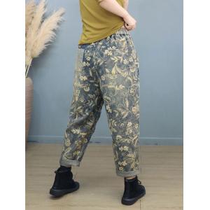 Drawstring Waist Patchwork Floral Jeans